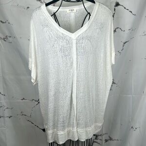 Umgee Semi-Sheer T-Shirt Scoop V-Neck Exposed Raw Seams Boxy Cut White